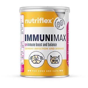 Brightly Coloured Nutriflex Immunimax Container Featuring Colostrum Supplements For Dogs, With A Clear Emphasis On Immune Boost And Balance For Pets, Front And Center For Consumer Appeal