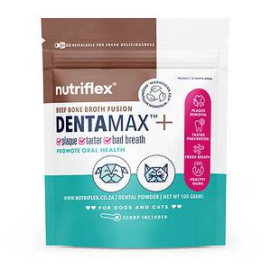 Nutriflex Dentamax Beef Bone Broth Fusion Dental Powder For Dogs And Cats - 100G Pouch. Promotes Oral Health By Reducing Plaque, Tartar, And Bad Breath. Features Norwegian Kelp And Pet Collagen For Healthy Gums And Fresh Breath.