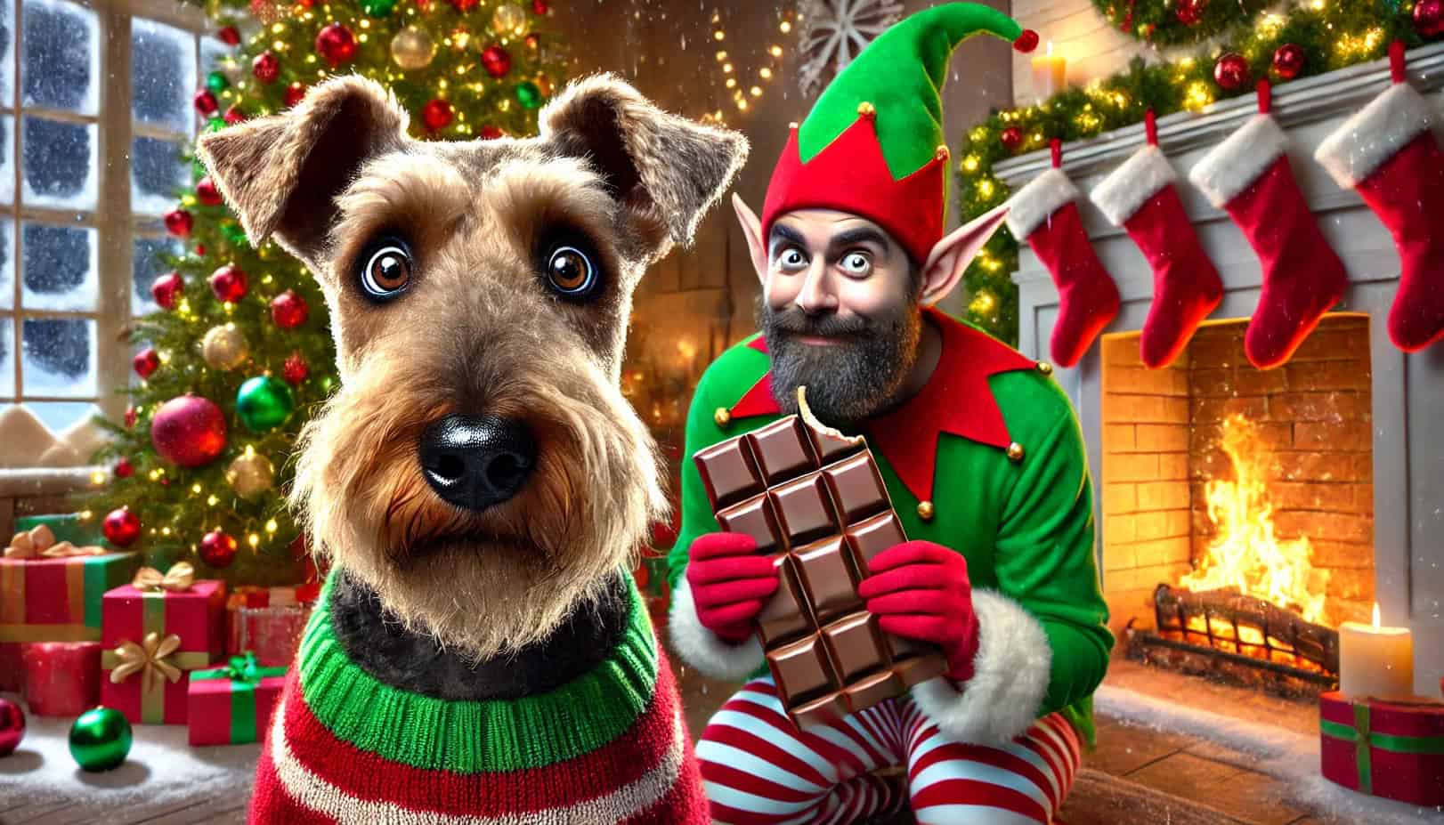 Dog-Chocolate-Toxicity-Calculator-Christmas-Themed-Image-Designed-To-Highlight-The-Dangers-Of-Chocolate-For-Dogs-Featuring-A-Surprised-Wire-Haired-Dog