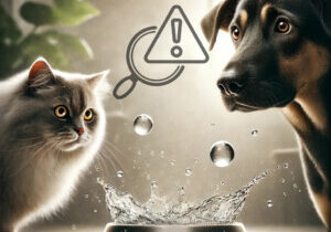 A Concerned Dog And Cat Cautiously Stare At A Splashing Water Bowl. Subtle Hazard Symbols Float In The Air Above The Water, Indicating The Potential Dangers Of Dental Water Additives For Dogs. The Soft, Natural Background, Including Light And Plants, Highlights The Cautionary Theme Of Hidden Risks In Pet Dental Care